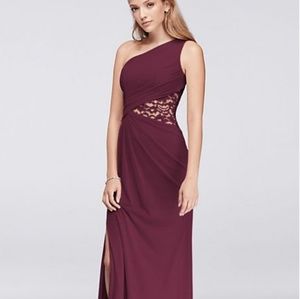 David's Bridal One-Shoulder Mesh Dress with Lace I